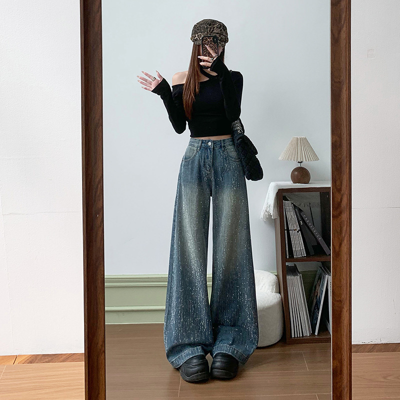 Loose Straight Wide-Leg Jeans with Starry Sky Rhinestones, Low Waist, Heavy Craftsmanship, Women's Autumn Design, Sparkling Pants with Rhinestones