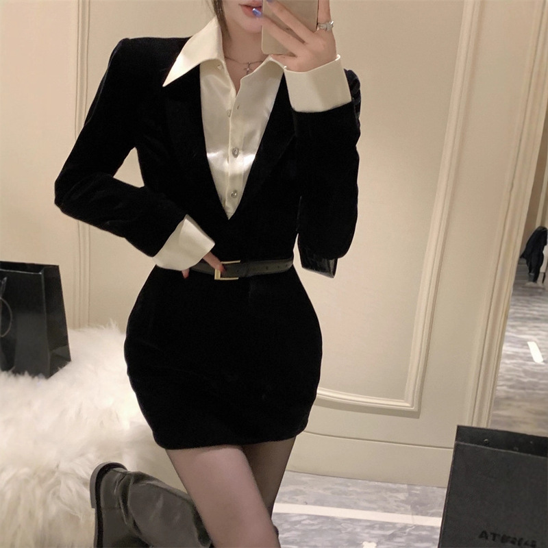 Fake Two-Piece Royal Sister Style Black Waist Slimming Autumn and Winter New Pure Lust Style Short Skirt Sexy Hip-Hugging Dress for Women