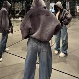 高品质大王后背烫钻牛仔裤25SS小众设计感弯刀宽松阔腿裤女长裤