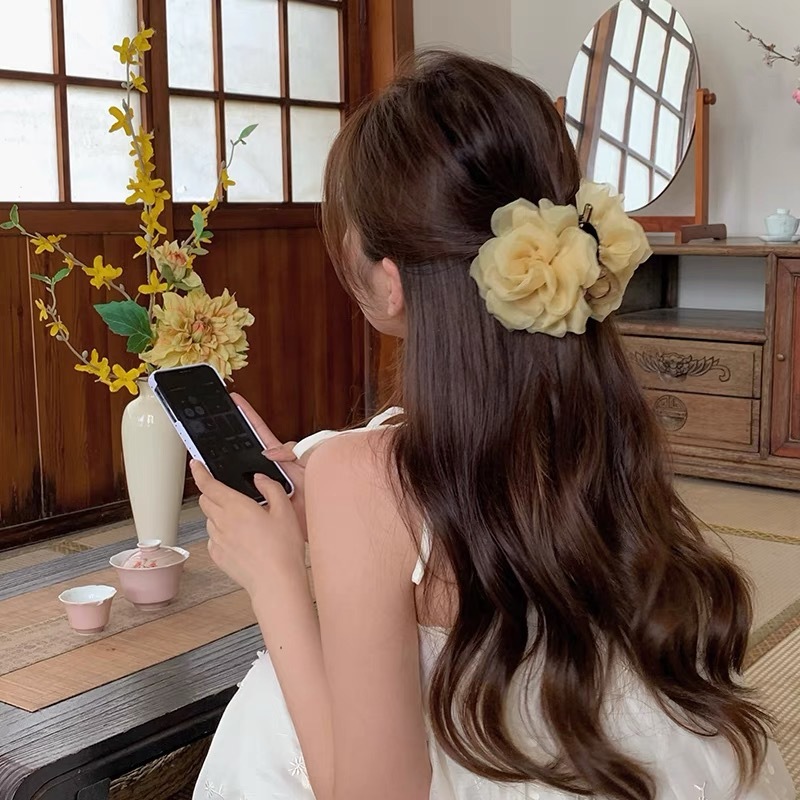 フレンチサマーシルクカメリアクリップ優しい風花サメクリップ2025新しいローズヘッドフラワーヘアアクセサリー|undefined