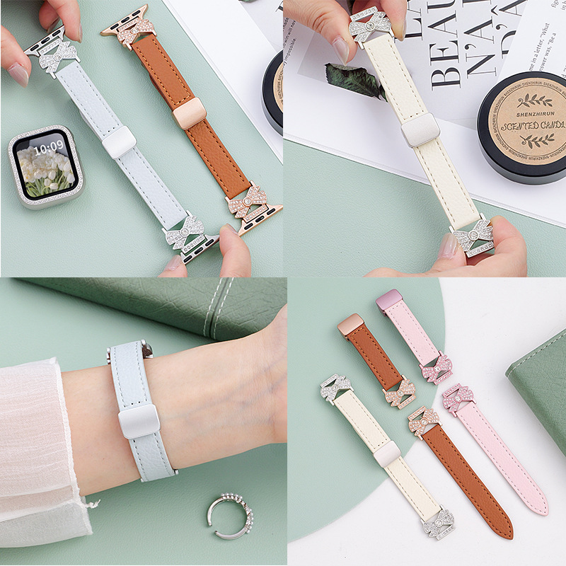 Suitable for Apple Applewatch Watch Strap with Pebbled Pattern and Bow Metal Women's Magnetic iWatch Strap