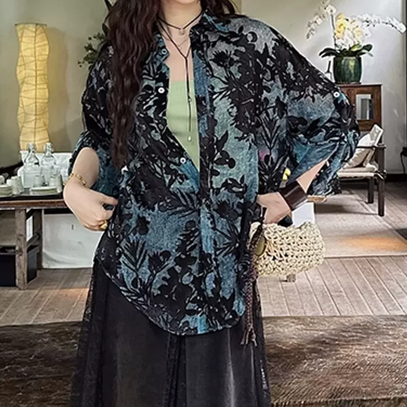 现货【青藤】清透人丝烧花印花薄衬衫2025春季新款复古油画花衬衣