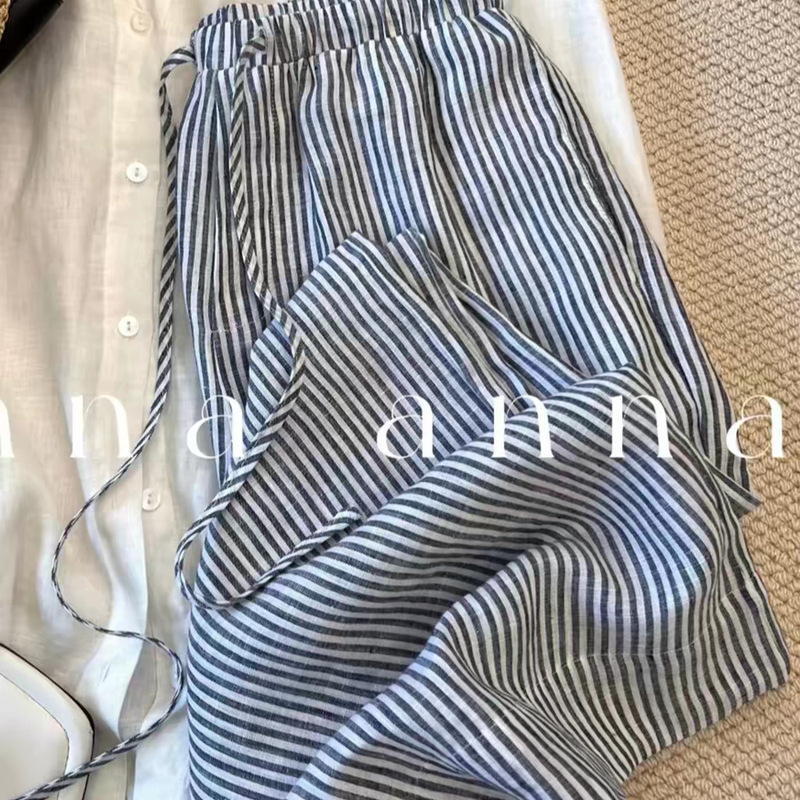 Studio Jinxi! Blue Linen Striped High-Waisted Wide-Leg Pants for Women, Summer 2025 New Style, Slimming and Versatile Casual Pants