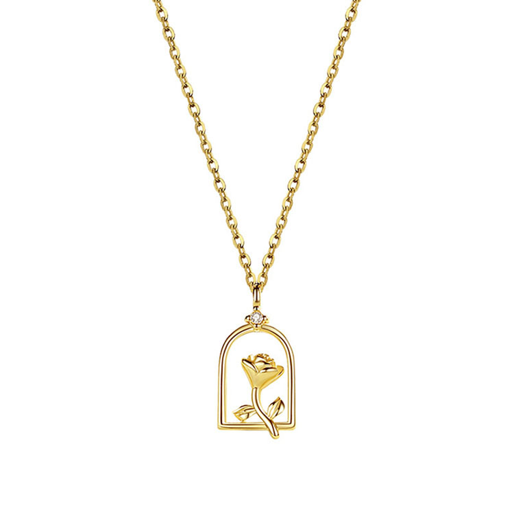 Sunburst Geometric Three-Dimensional Rose Necklace, Niche Ins Style, Simple Retro Hollow Flower Collarbone Chain,_voghion.com