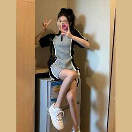 法式polo领连衣裙女2026年夏季新款设计感小众时尚撞色休闲灰色裙