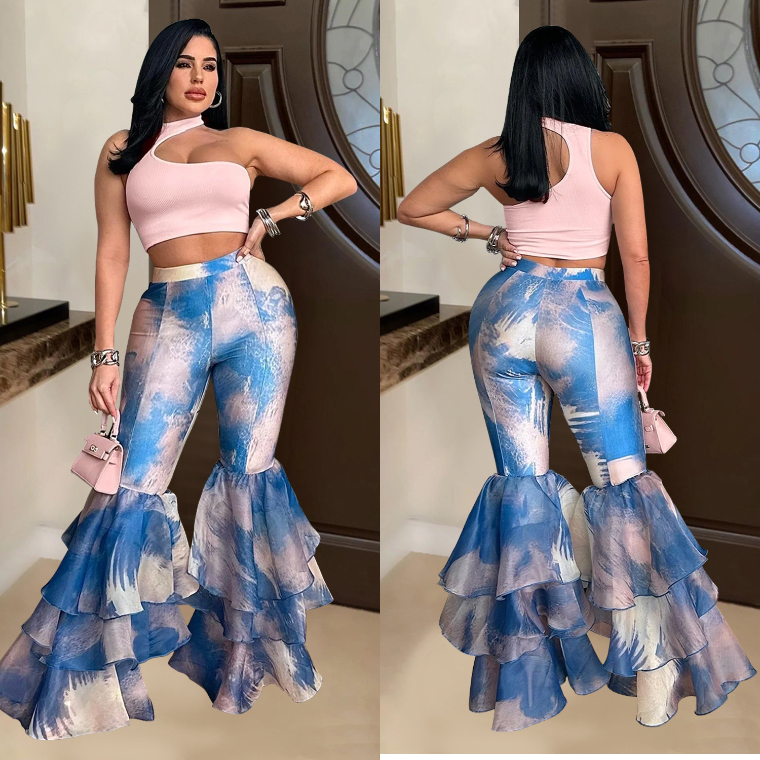 C6971 Cross-border AliExpress Amazon Independent Station Pantalones acampanados con estampado de mujer de moda europea y americana Pantalones de mujer con volantes image 4