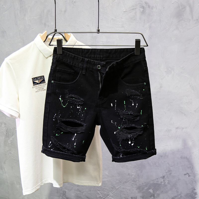 Men's black denim shorts, summer thin style, with a distressed, ripped, and ink-splattered design, slim fit, tapered leg, stylish and trendy