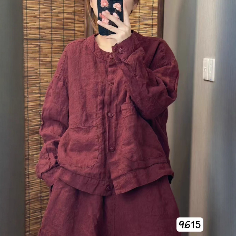 新品复古亚麻复古宽松文艺纯色减龄开衫休闲衬衫外套|undefined
