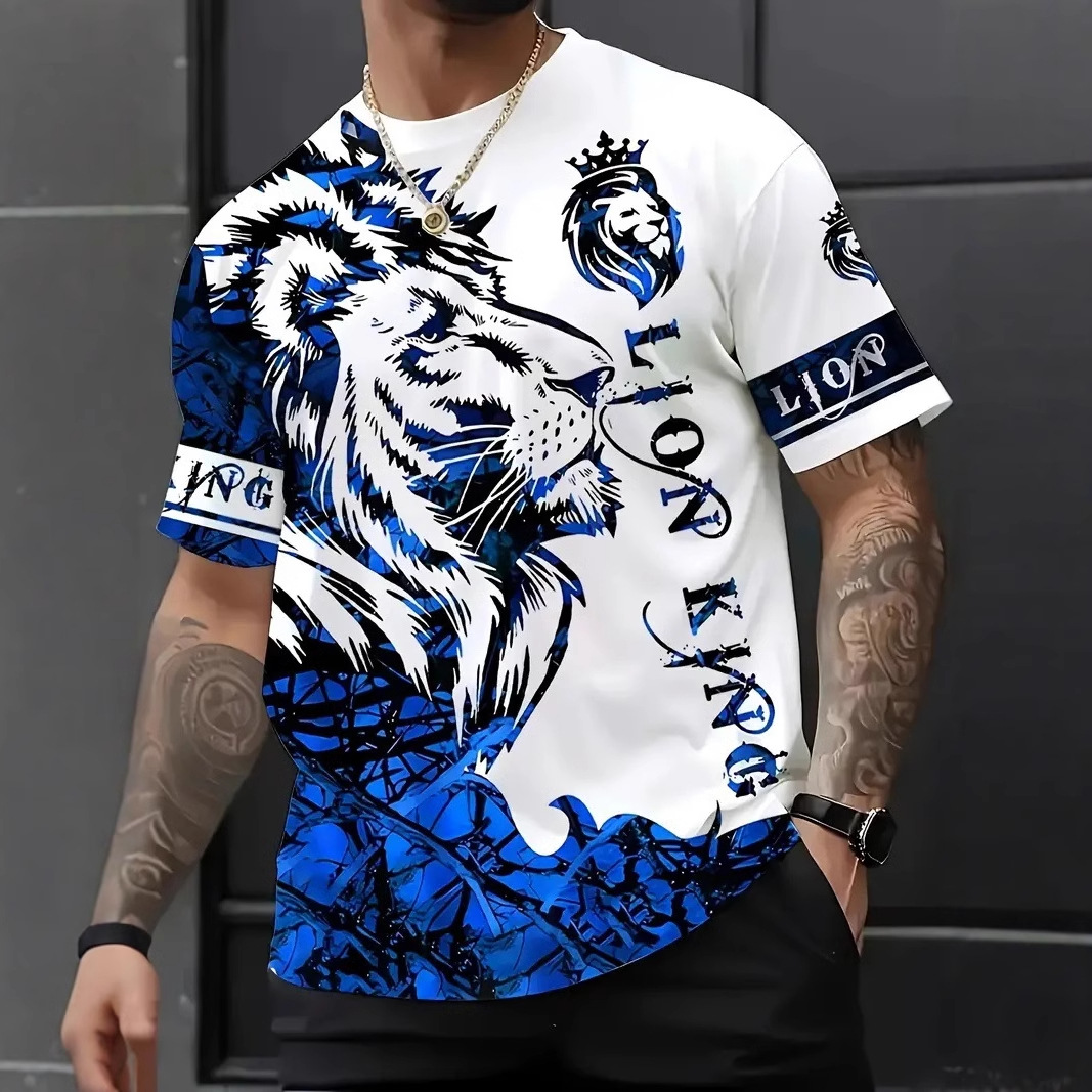 Moda todo fósforo colorido león KING lema estampado 3D hombre suelto transpirable manga corta hombro recto cuello redondo camiseta