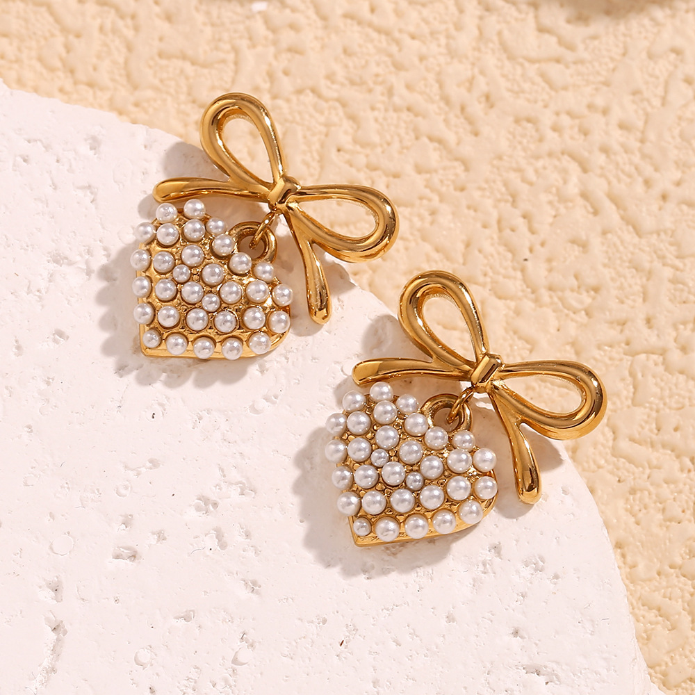 9g Weight 304 Stainless Steel Ear Needle Material 18K Gold Plated Plating Material 1 Pair Elegant Classic Style Heart Shape Bow Knot Plating 304 Stainless Steel 18K Gold Plated Drop Earrings