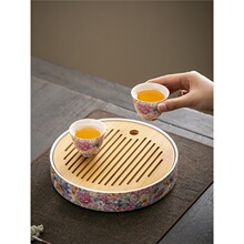 万花珐琅彩圆形陶瓷茶盘家用干泡台中式古茶台大号圆托盘茶盘批发