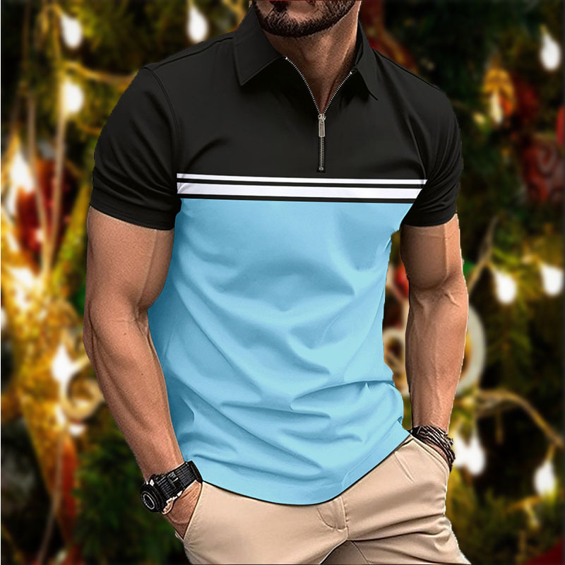 Sommer-Poloshirt für Herren mit modischem Reißverschluss und kurzen Ärmeln in Kontrastfarbe_voghion.com