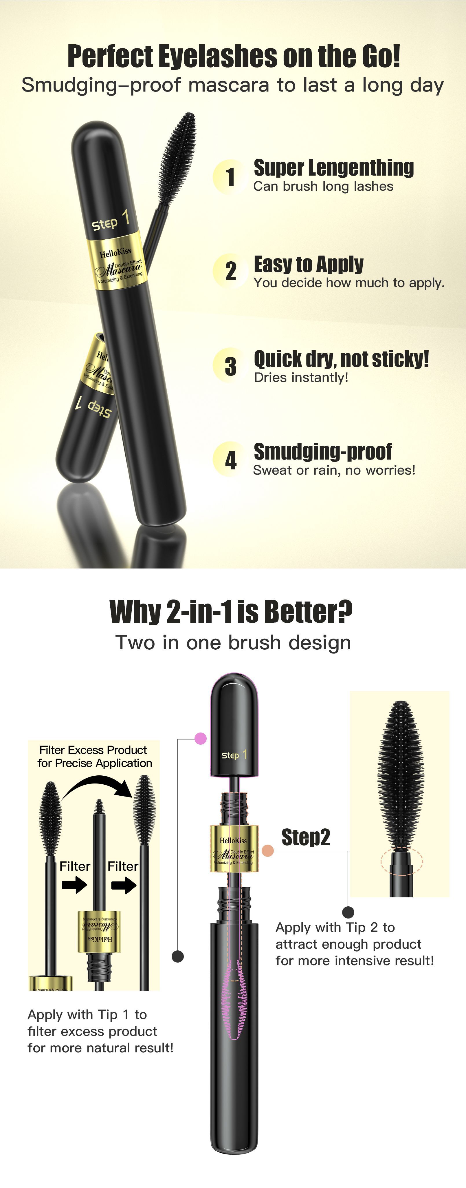 HelloKiss Dual-Effect 4D Mascara 2-in-1: Long, Curly, Thick, non-smudging, waterproof Mascara for Cross-border use Item Picture