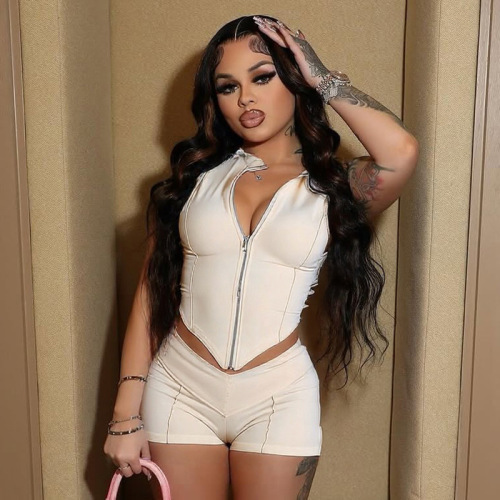 Women's European and American Cross-Border 2025 Summer New Solid Color Zipper Slimming Bust-Baring Top High-Waisted Tight Shorts Set