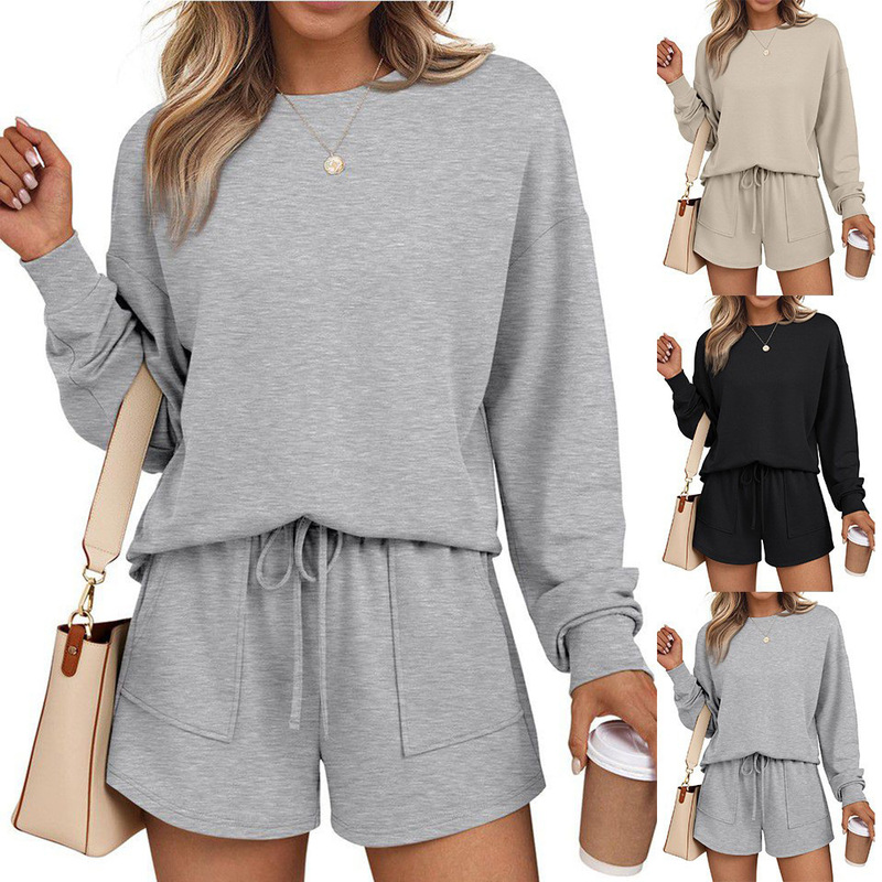 2025 Autumn New Amazon European and American Clothing Round Neck Long Sleeve Shorts Fashion Casual Two-Piece Sweatshirt Suit