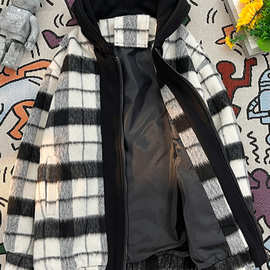 秋冬连帽格子毛呢外套男拼色复古痞帅休闲潮牌青少年学生呢子夹克