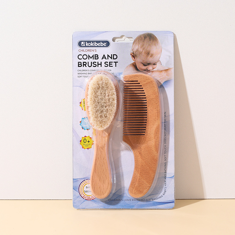 Juego de cepillos de lana para bebés recién nacido, cuero cabelludo limpio, cabello suave, cepillo de champú, baño de haya, masaje, peine de mango de madera