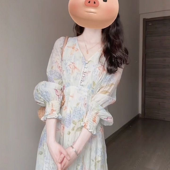 春秋新款收腰法式茶歇连衣裙女森系v领气质雪纺碎花长裙绝美温柔|undefined