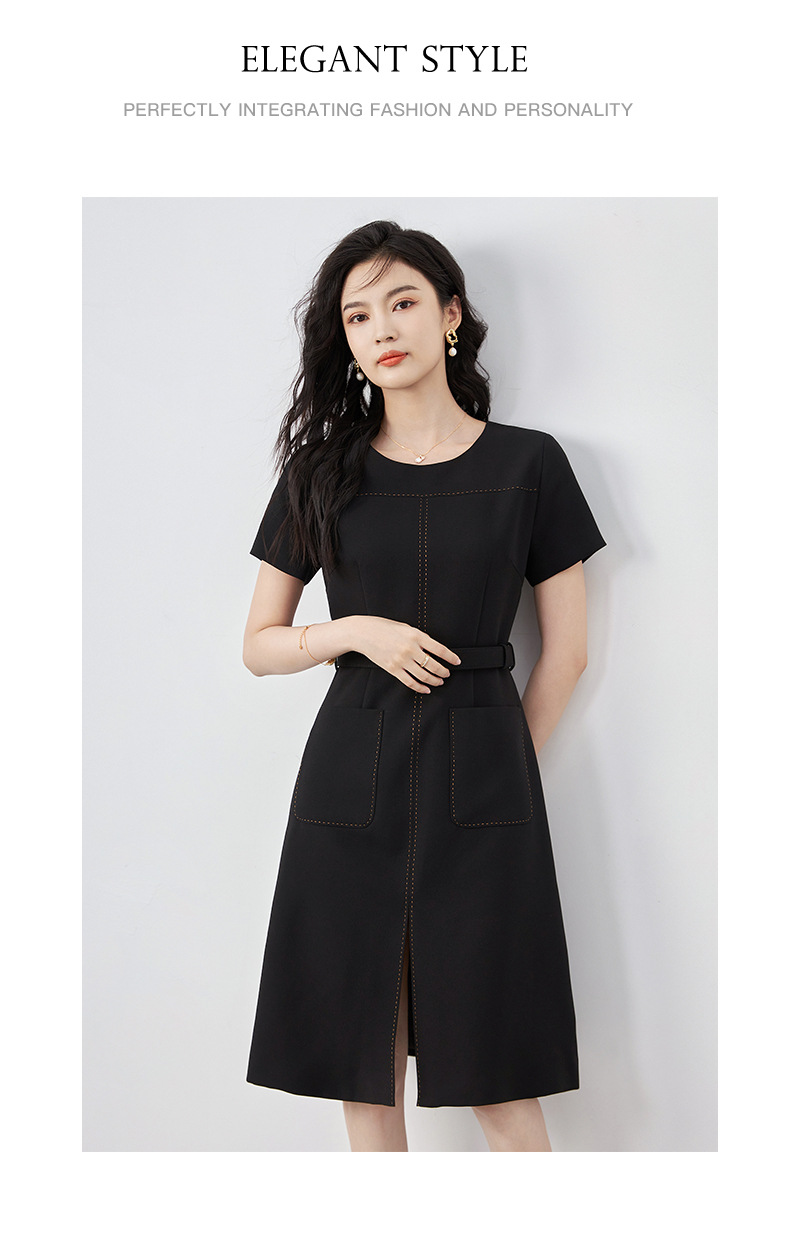 Đầm suông nữ midi che khuyết điểm eo, phong cách đi làm — Màu đen chi tiết 11