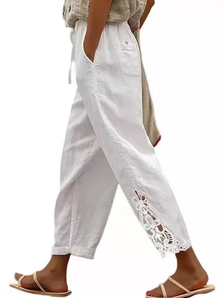 2025 Autumn Thin Casual Pants Amazon Fashion Lace Splicing Design High Waist Drawstring Pocket Button Nine-Point Pants