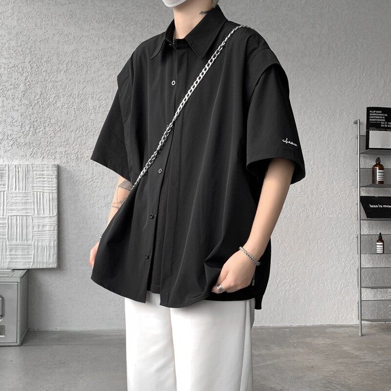 Cool Ice Silk Short-sleeved Shirt Men's High-end Lazy Draped Shirt Summer Trendy Brand Oversize Fake Two-piece Jacket
