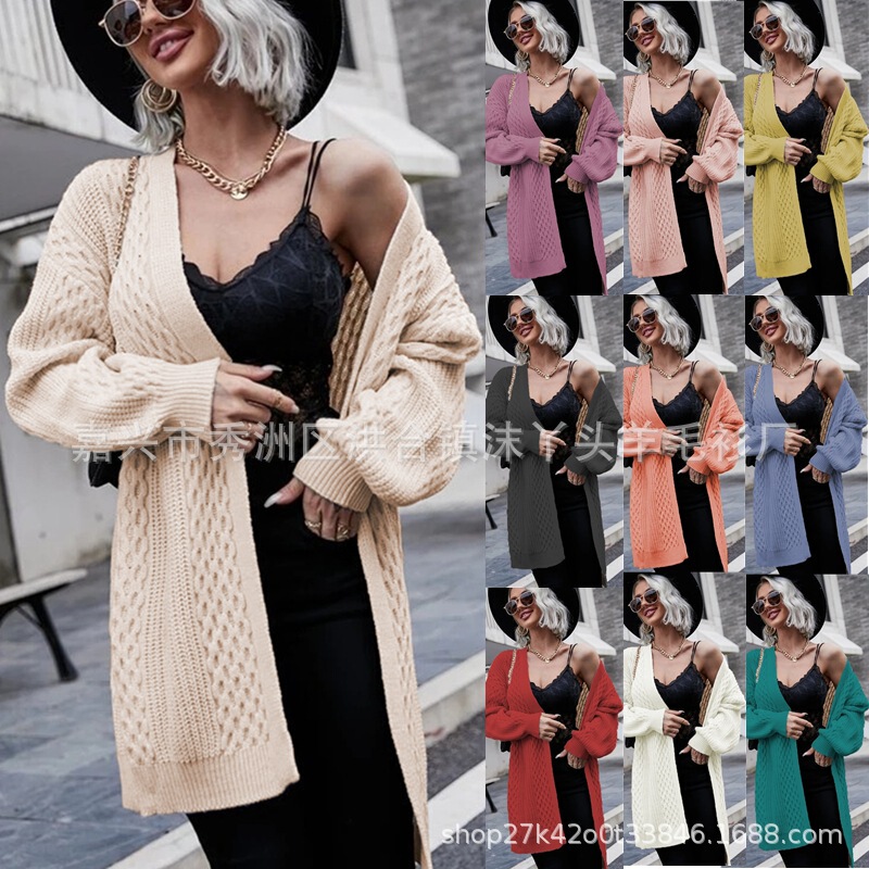 Autumn and Winter V-Neck Solid Color Women's Long-Sleeved Loose Knitwear Large Size Long Cardigan Casual Top Sweater Coat Women