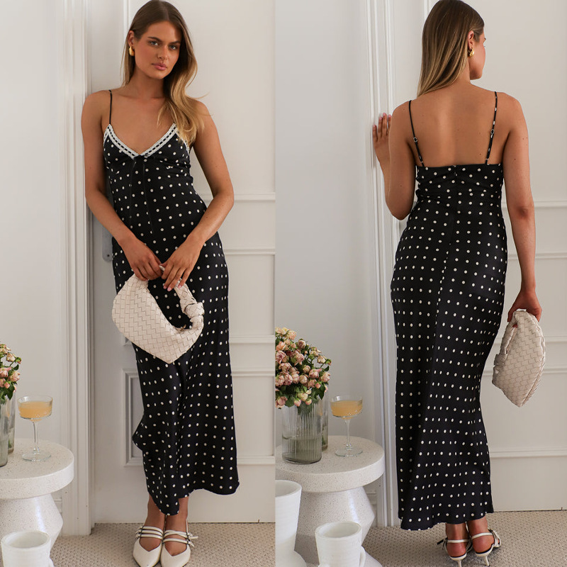 In-Stock 2025 Cross-Border European and American Print Sleeveless Halter Neck Patchwork Lace Long Slim Dress