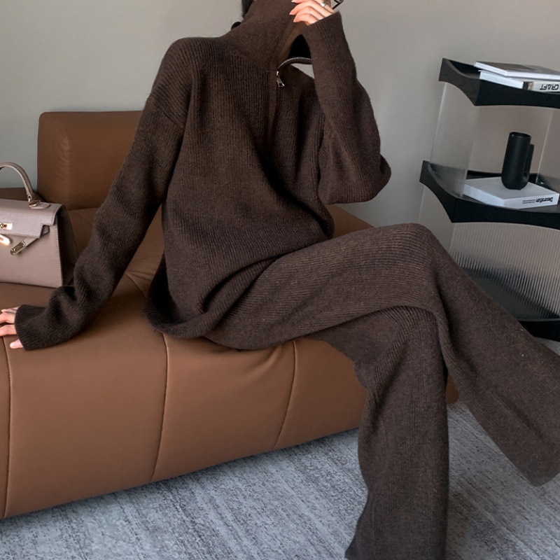 Transfronterizo estilo europeo y americano de cuello alto con cremallera suéter de punto conjunto de mujeres otoño invierno pantalones de piernas largas sueltos dos piezas