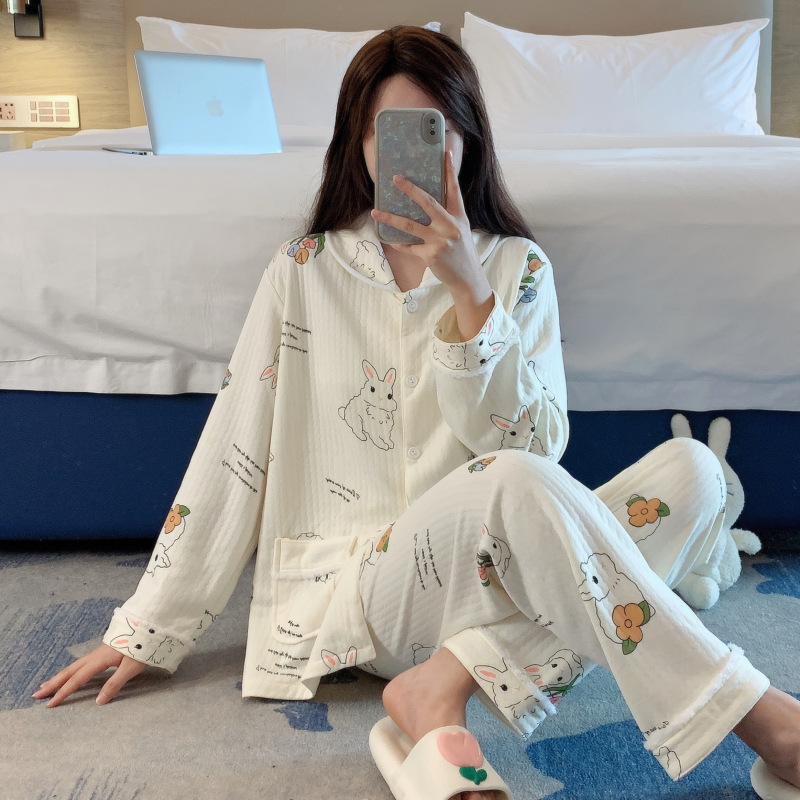 Japonés de dibujos animados pijamas las mujeres del otoño y el invierno Nuevo Aire sándwich algodón manga larga cardigan más tamaño flojo traje homewear