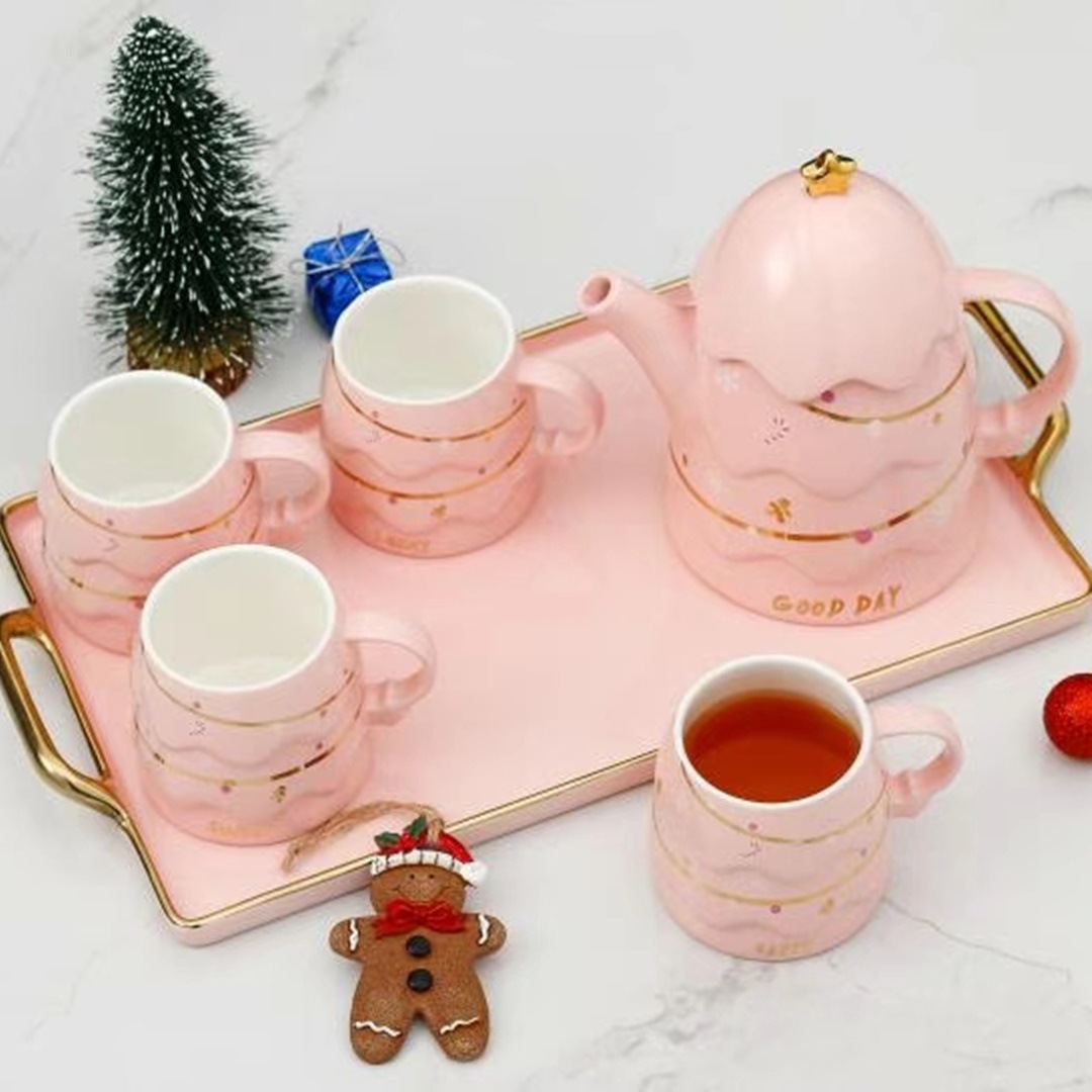Estilo nórdico de cerámica personalizada árbol de Navidad juego de agua traje de regalo perfumado té botella de agua fría con bandeja de taza combinación