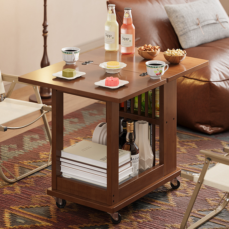 Mobile Wheeled Sofa Side Table for Small Apartments, Foldable Multi-Functional Living Room Balcony Dual-Purpose Coffee Table, Rotating Small Dining Table