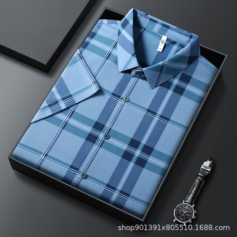 2025 Summer New Middle-aged Men's Short-sleeved Shirt Plaid Casual Loose Non-ironing All-match Moisture-wicking Shirt