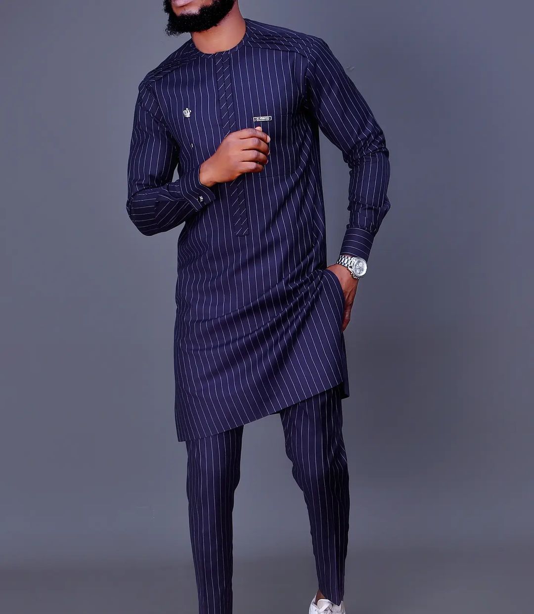 Men's moslem New American Black Hot Selling Stripe Print Long sleeved Ethnic Style Men's Set 1237071_voghion.com