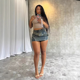 LD2371 European and American Summer Women's Retro Irregular Hem Fashion Design Wash Water Denim Bust Pants Skirt