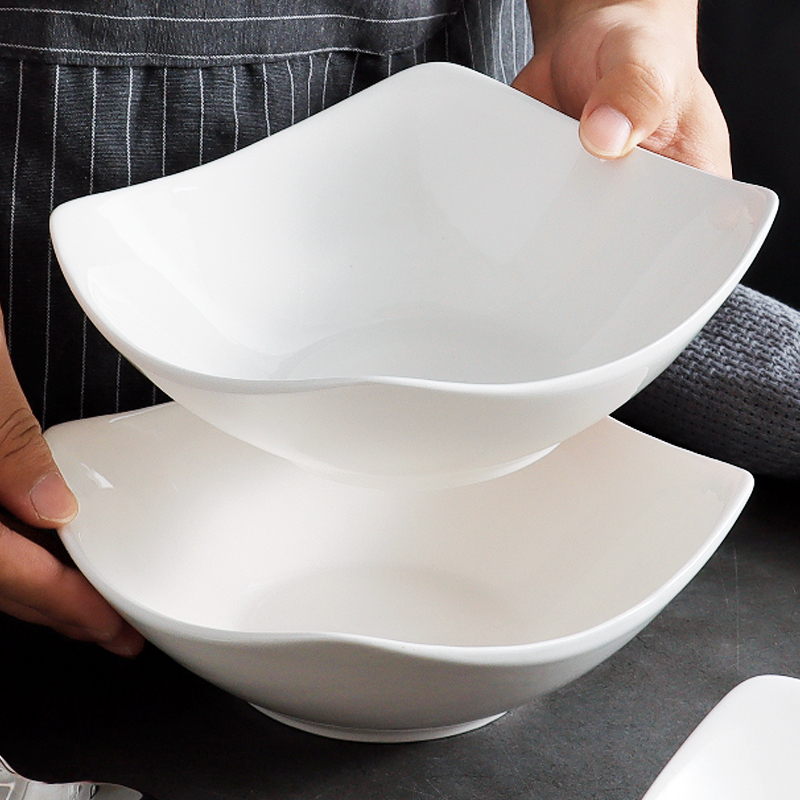 Pure White Simple Four-Corner Plate Dish Plate Household High-Value Ceramic Bowl Plate Salad Plate Deep Soup Plate Microwaveable