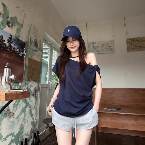 Lady's Casual Off-the-Shoulder Short Sleeve T-shirt 2025 Summer New Pure Color Design Sense Loose Shoulder Student Top