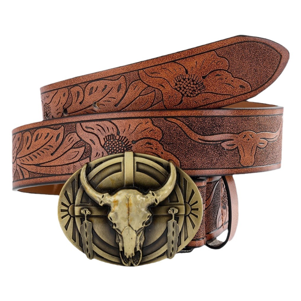 Cinturón de hombre marrón Cabeza de Vaca hebilla de mezclilla occidental CINTURÓN DE domineering al por mayor