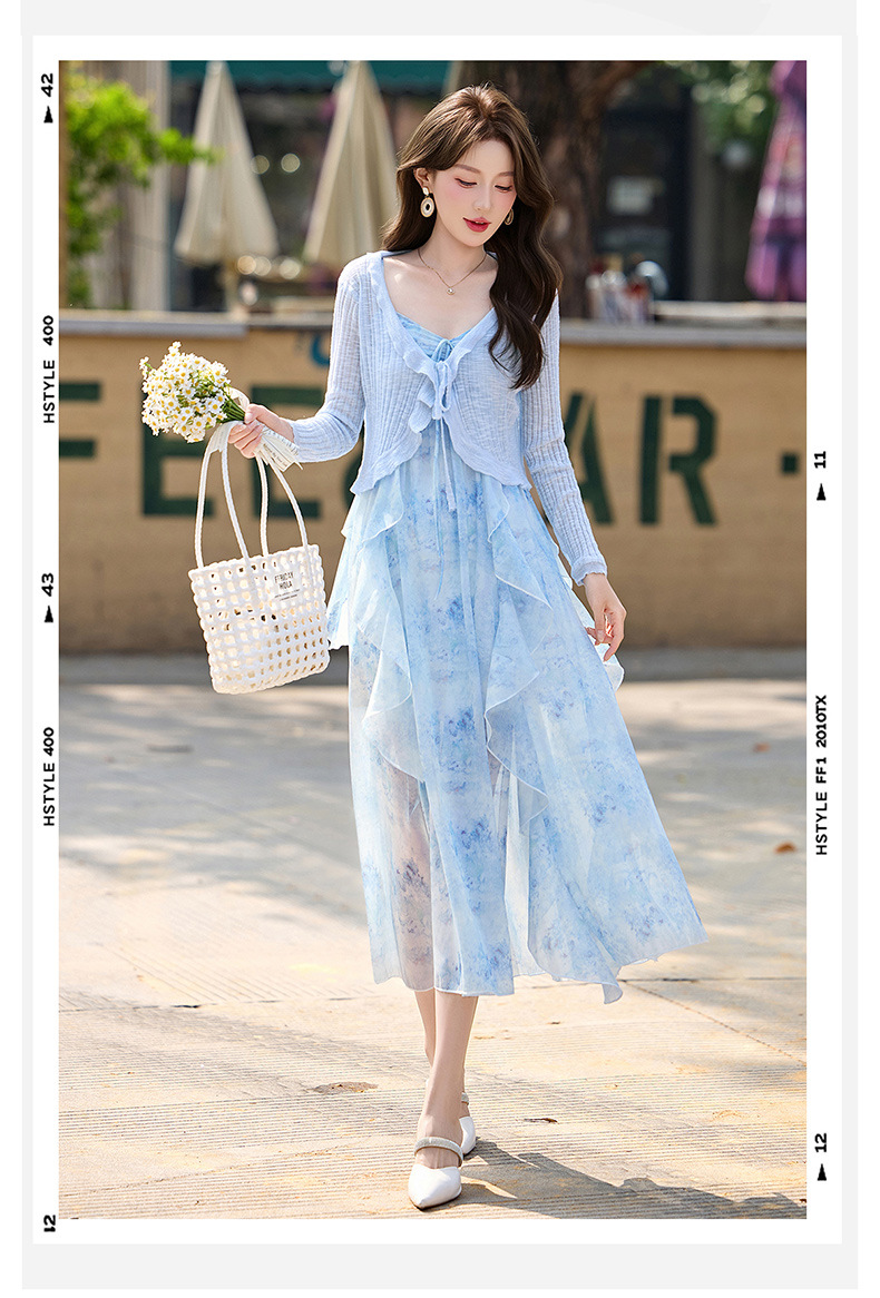 Đầm maxi nữ hai dây hoa nhí kèm áo khoác cardigan tay bèo — màu xanh nhạt, màu tím nhạt chi tiết 3