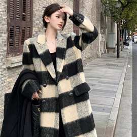 复古气质韩系高级设计感毛呢外套加厚格子中长款呢大衣女秋冬新款