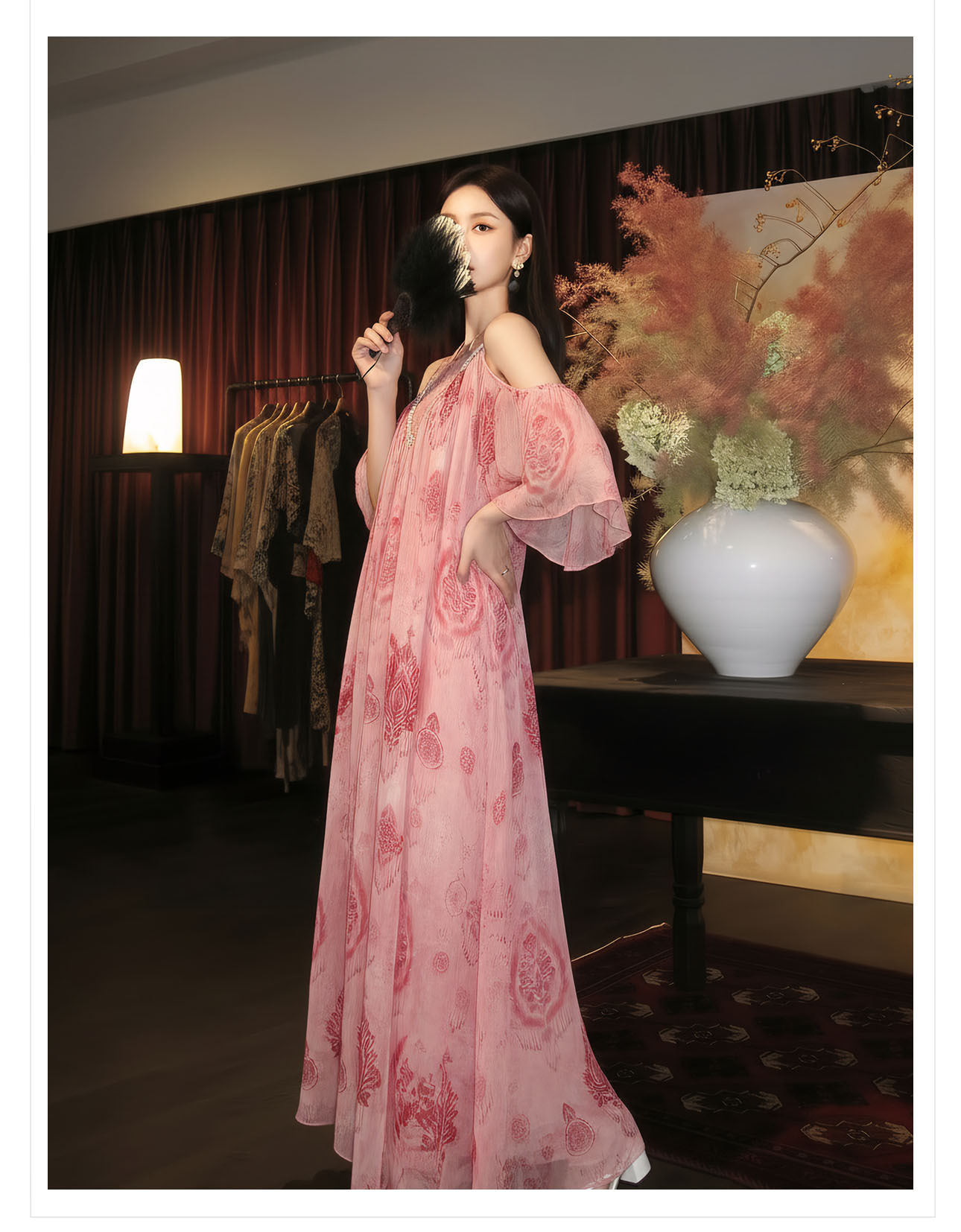 Đầm maxi nữ thắt eo ren cổ yếm phong cách Tây Mễ Á — Bột Lệ, Thuốc lá xanh chi tiết 11