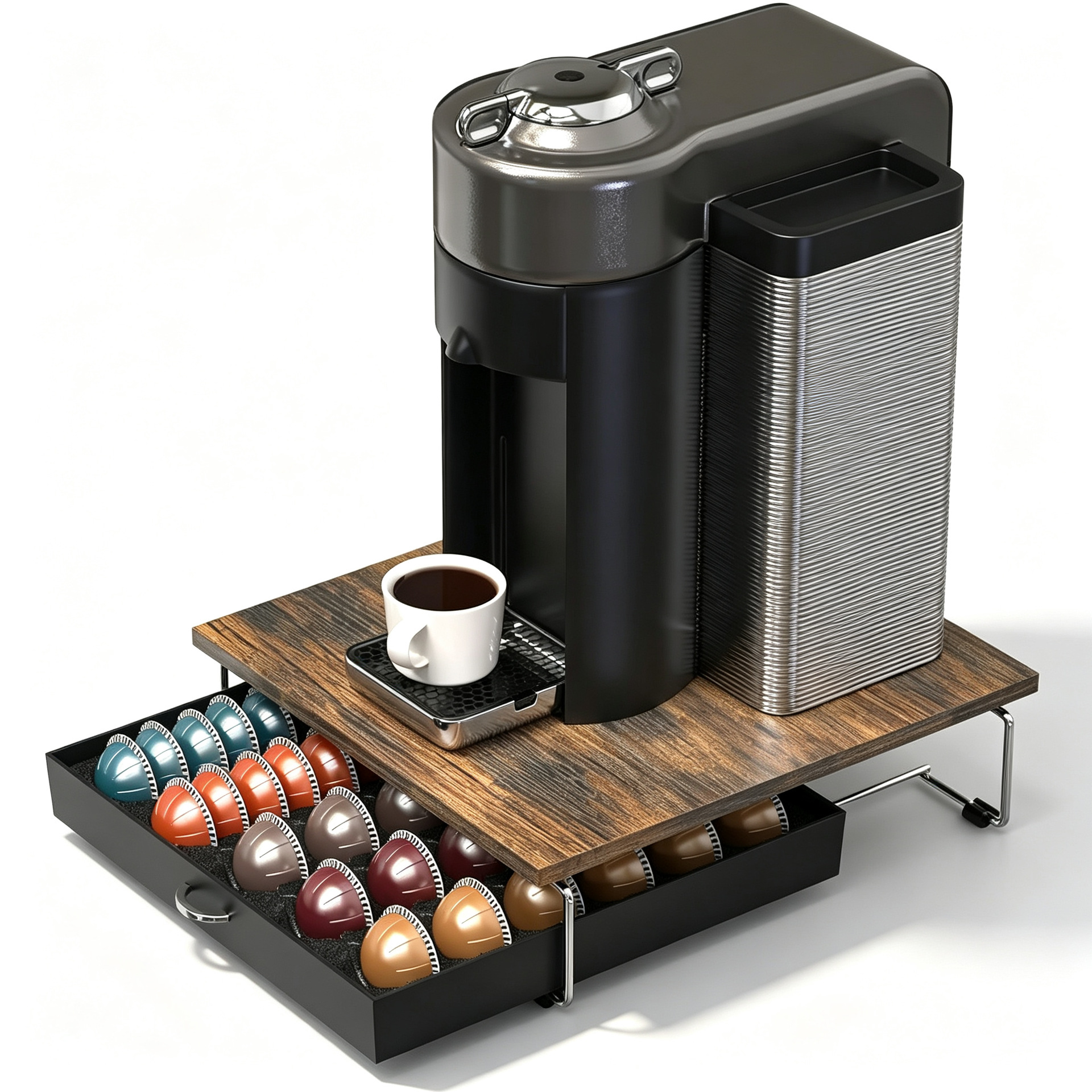 Soporte de cápsulas de café con cajón deslizante, organizador de almacenamiento de escritorio, estante de almacenamiento de escritorio, base retro, marrón
