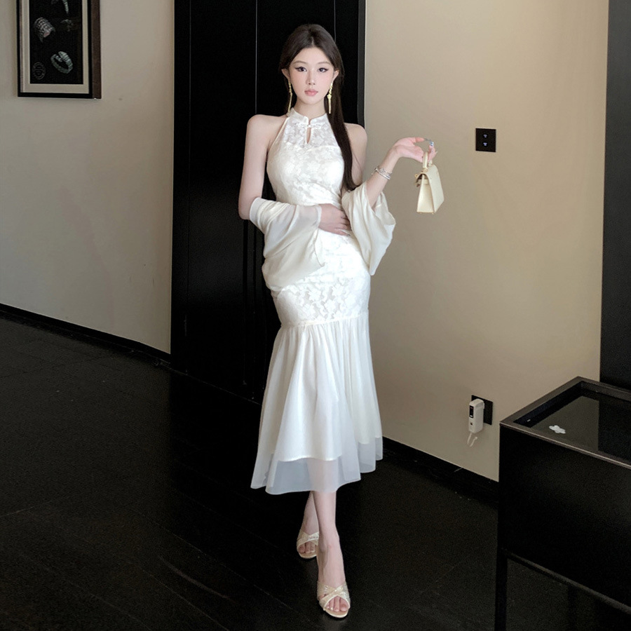 9160 European and American Cross-Border Export Women's Clothing Lace Mesh Splicing Jacquard Halterneck Fishtail Cheongsam Dress Two-Piece Set