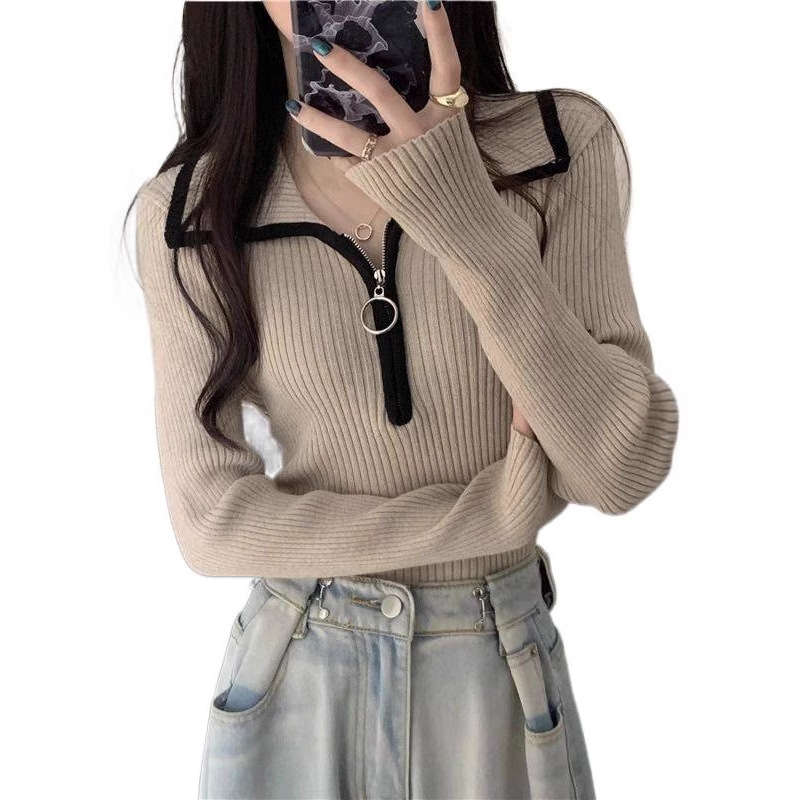 高级感半拉链翻领毛衣女秋冬内搭打底修身显瘦针织衫长袖短款上衣|undefined