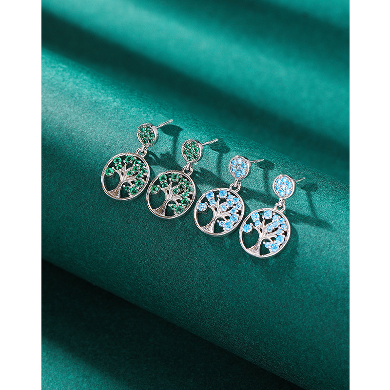 Europa y América transfronteriza Mori vida árbol pendientes S925 plata esterlina con incrustaciones de circón pendientes femeninos nicho diseño pendientes redondos