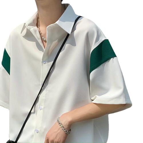 Summer Harbor Wind Japanese Style Splicing Ice Silk Men's Short Sleeve Loose Casual Bad Boy Trendy Five Finger Sleeve Shirt Outerwear