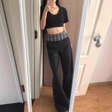 美式设计感格纹拼接垂感西装裤女春季宽松百搭阔腿休闲裤拖地长裤