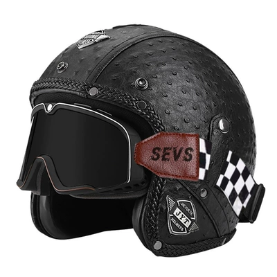 Motorcycle Retro Helmet Men's and, Motorcycle Safety Supplies - 555-leather-helmet-black-polka-dots-large-frame-goggles-black-mirror-s
