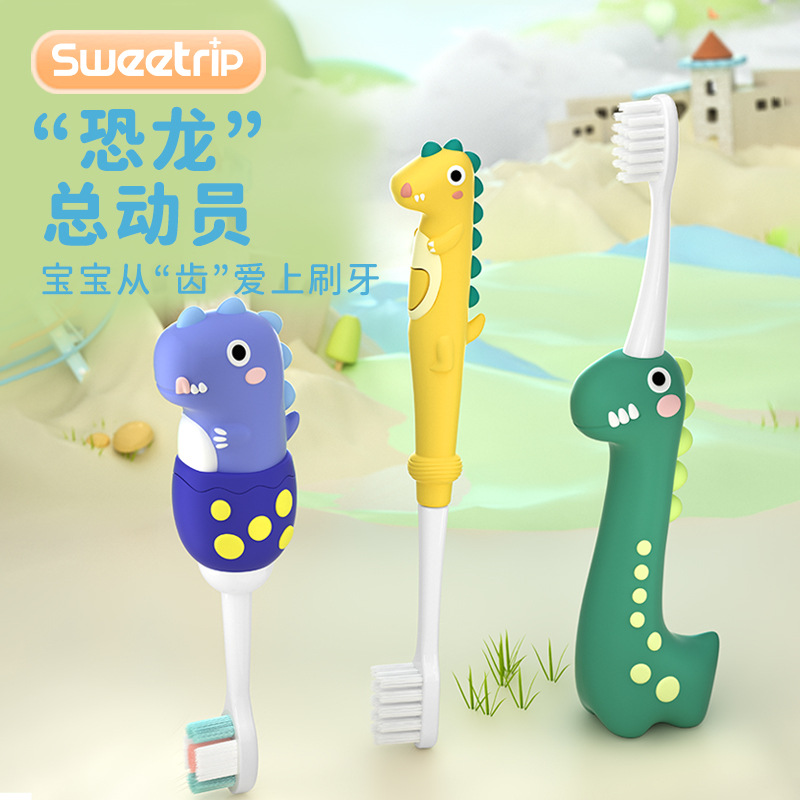 Japanese Brand Kidsren's Soft-Bristled Toothbrush Cartoon Dinosaur 0-3-6-12 Years Old Baby Soft-Bristled Kidsren's Toothbrush