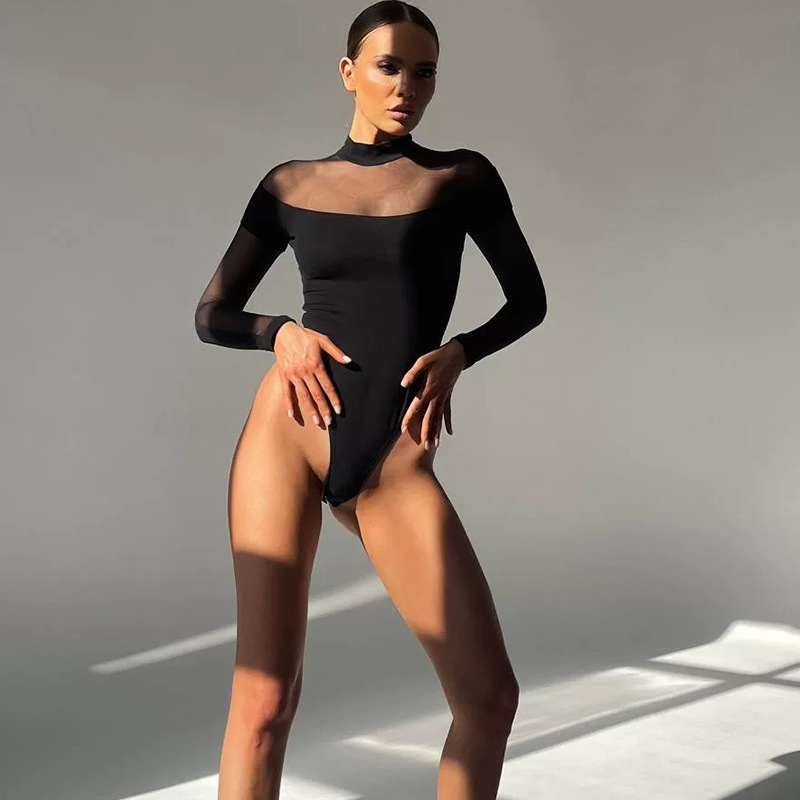 Ropa de mujer europea y americana estilo caliente manga larga malla ajustada costura transparente sexy mono estilo chica caliente delgado de una pieza superior