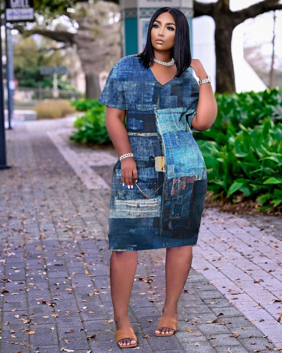 loose V-neck faux denim print dress with pockets NSQKT127496